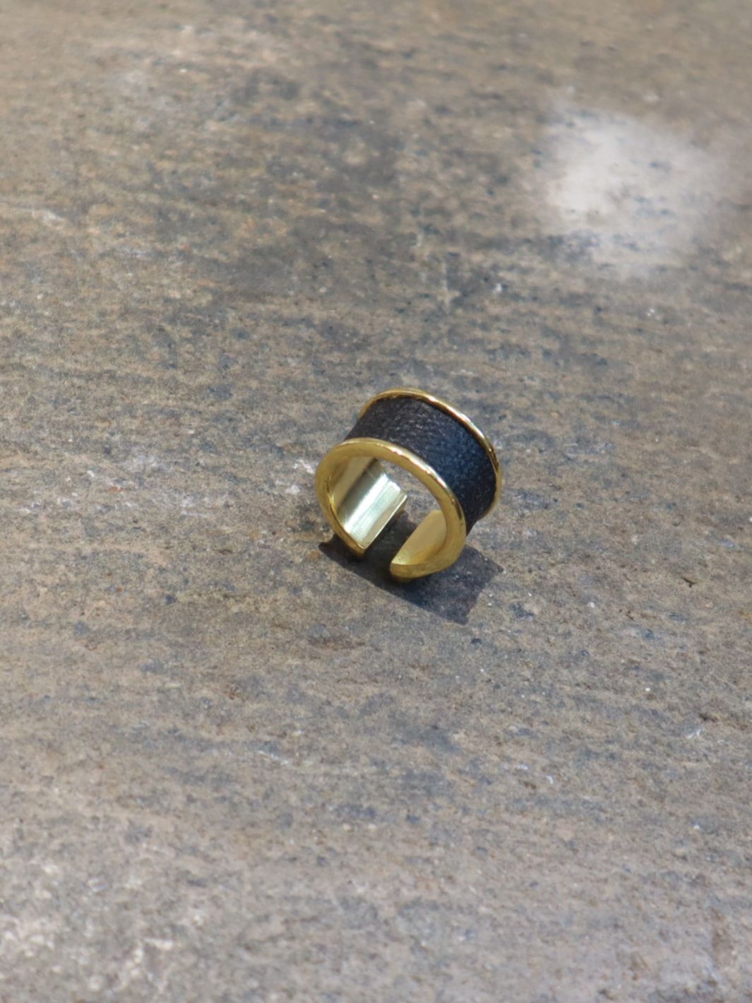 Plant Leather Black Ring in Gold toned Cuff