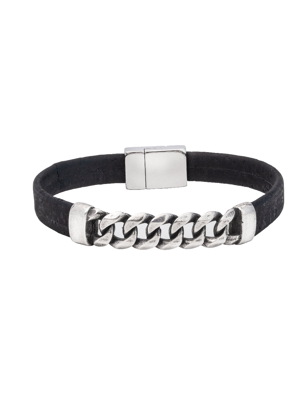 Introducing the SteelLink Elegance Cork Bracelet: sustainable style in black. Crafted with cork, metal, and stainless steel, it's lightweight and chic with a magnetic clasp. Comes in an elegant pouch. Perfect for any occasion.