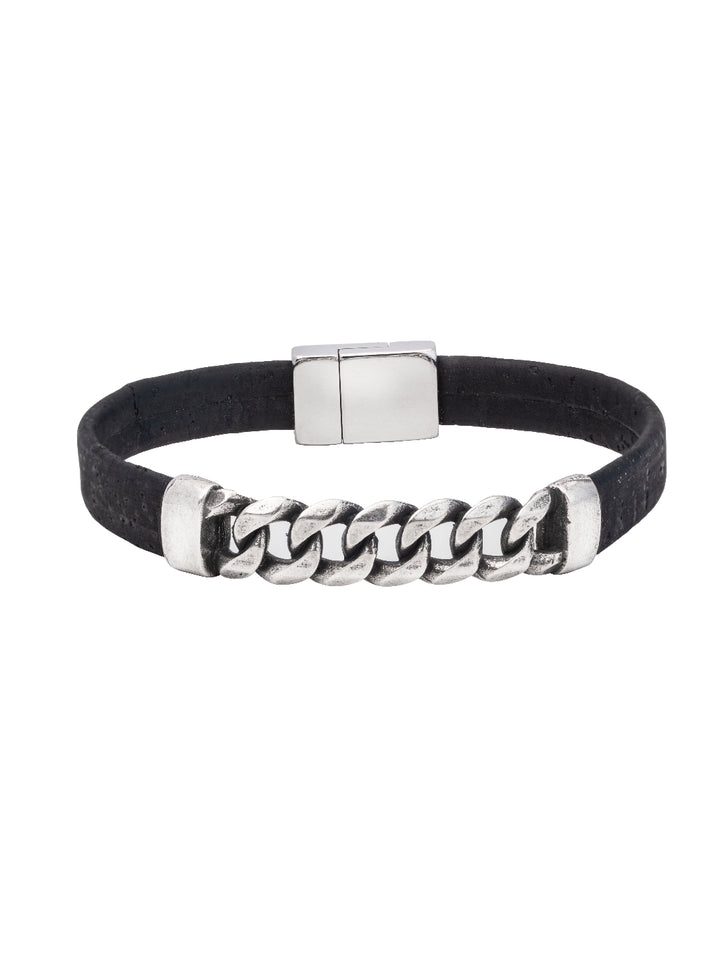 Introducing the SteelLink Elegance Cork Bracelet: sustainable style in black. Crafted with cork, metal, and stainless steel, it's lightweight and chic with a magnetic clasp. Comes in an elegant pouch. Perfect for any occasion.