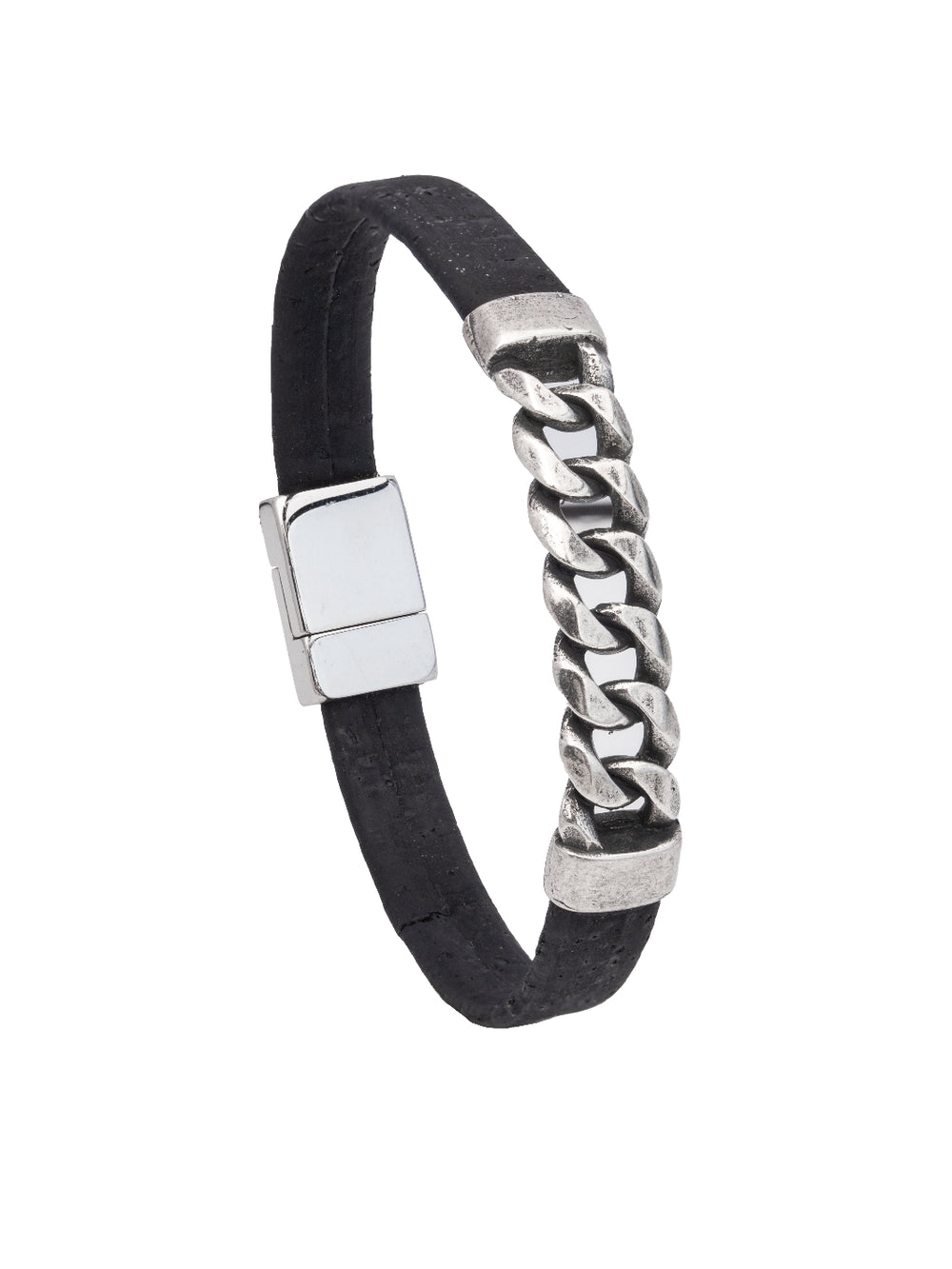 Introducing the SteelLink Elegance Cork Bracelet: sustainable style in black. Crafted with cork, metal, and stainless steel, it's lightweight and chic with a magnetic clasp. Comes in an elegant pouch. Perfect for any occasion.