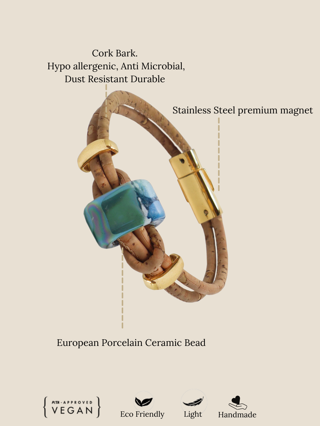 PETA Approved Vegan leather bracelet in Cork and Porcelain Ceramic