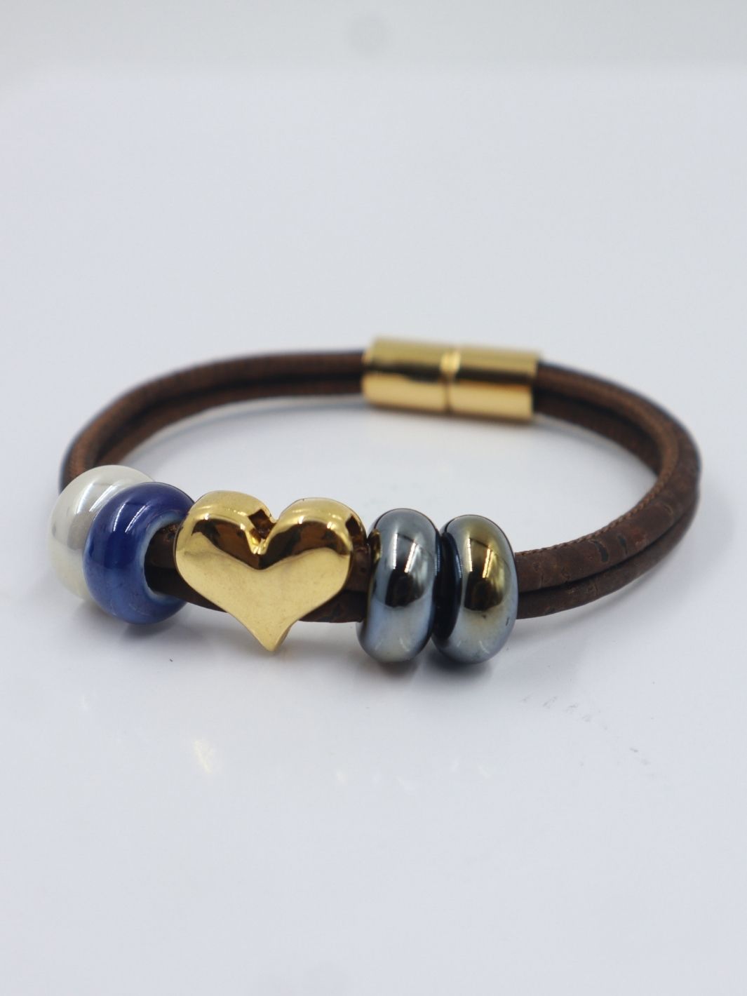 Forget Me Not - 18K Gold plated heart & Ceramic Cork Bracelet - BROWN