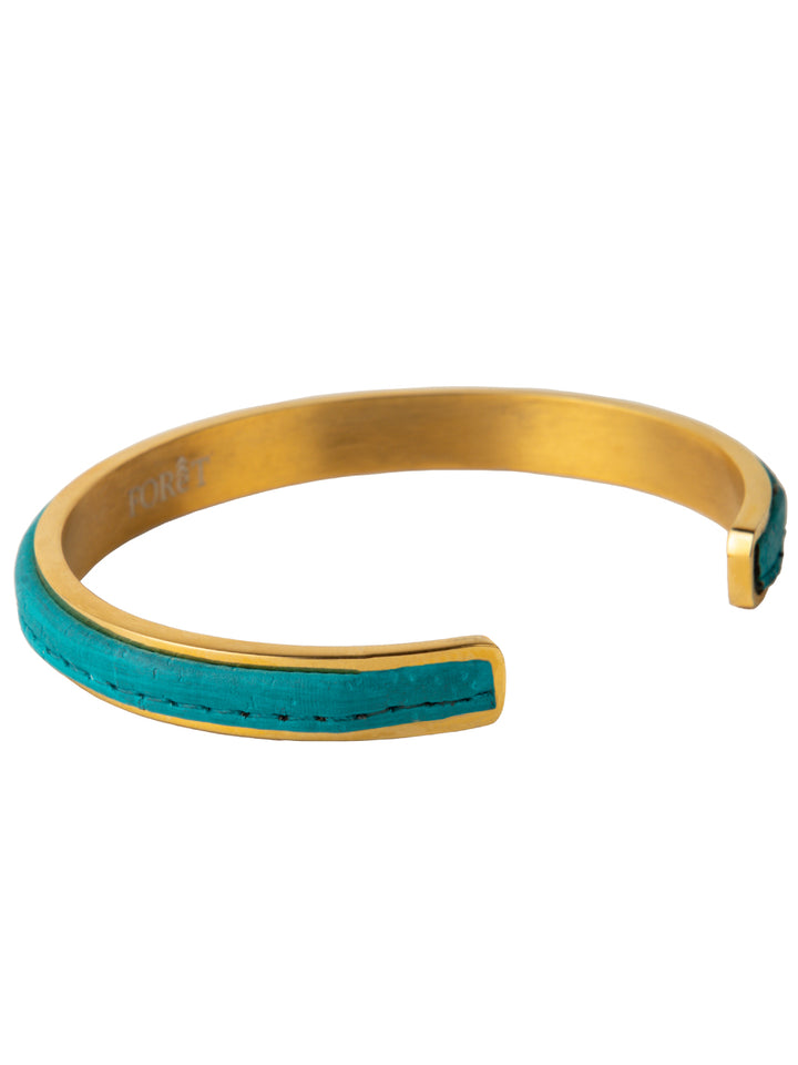 Azure Sunburst: Adjustable Cuff Bracelet with Teal Cork Bark and Gold Cuff